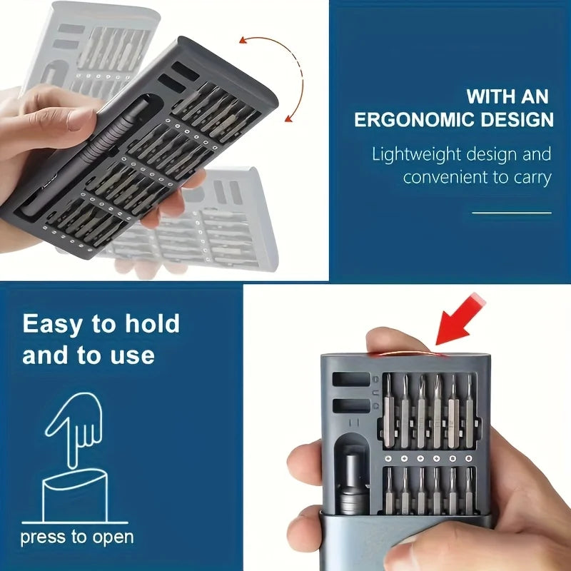 Compact screwdriver case feature guide showing the textured grip, press-open design, and slim profile