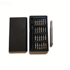 Compact 25-in-1 screwdriver kit showing the organized bit case, closed cover, and precision handle