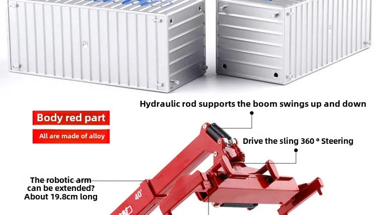 Container Crane Toy feature diagram showing alloy red body parts and the rotating lifting attachment