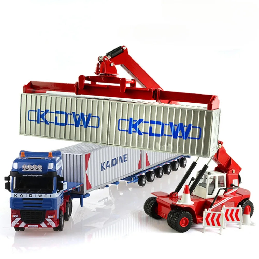 Container Crane Toy lifting a silver container in a staged cargo-yard scene beside a blue truck
