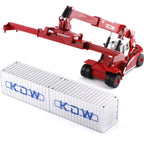 Container Crane Toy front view with extended red spreader above two joined silver containers