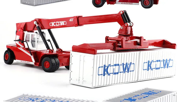 Container Crane Toy with the red boom lowered toward two joined silver cargo containers
