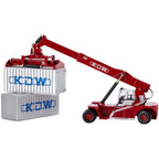 Container Crane Toy with a raised red boom lifting one silver container above another