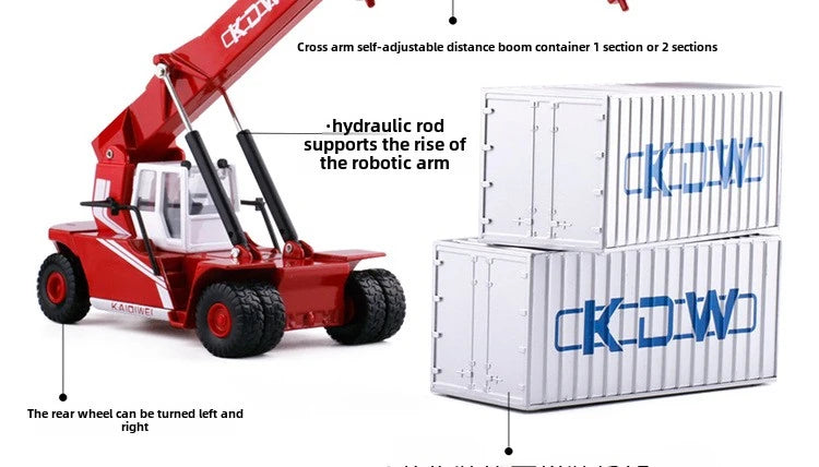 Container Crane Toy feature panel showing rear-wheel steering and two stacked silver containers