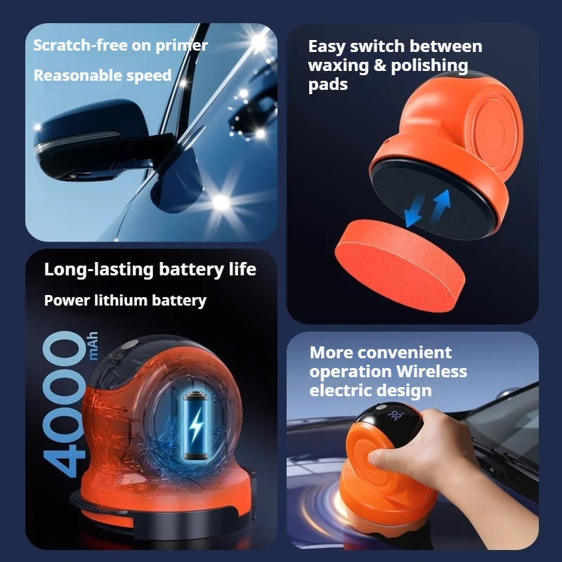 Cordless Car Polisher Tool with pad options and 4000mAh battery features