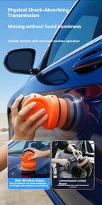 Handheld car polisher in use with shock-absorbing transmission feature