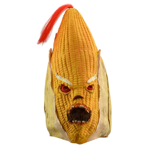 Corn Monster Halloween Mask front view with yellow kernels, glaring red eyes, pale husks, and a red tuft.