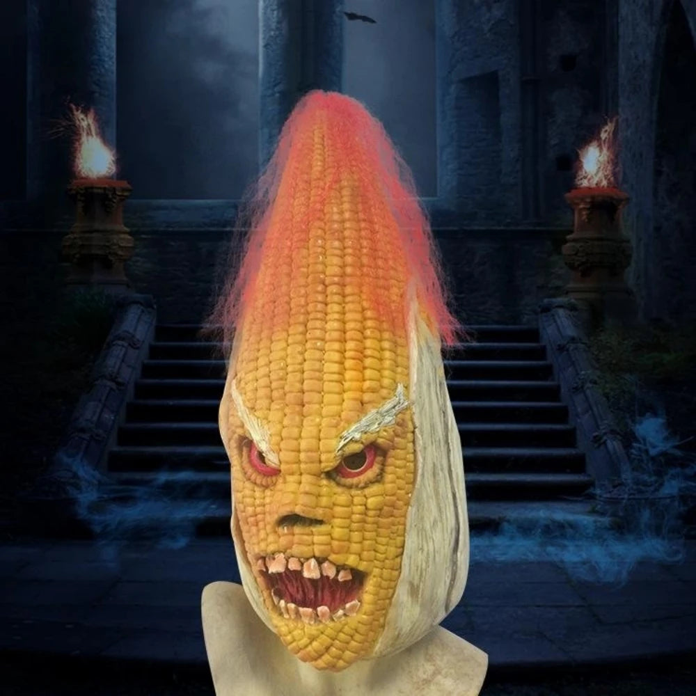 Corn Monster Halloween Mask displayed against a dark castle backdrop with stairs and flaming torches.