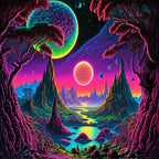 Cosmic Alien World Tapestry artwork close-up with colorful planets, purple trees, rocky peaks and a winding river.