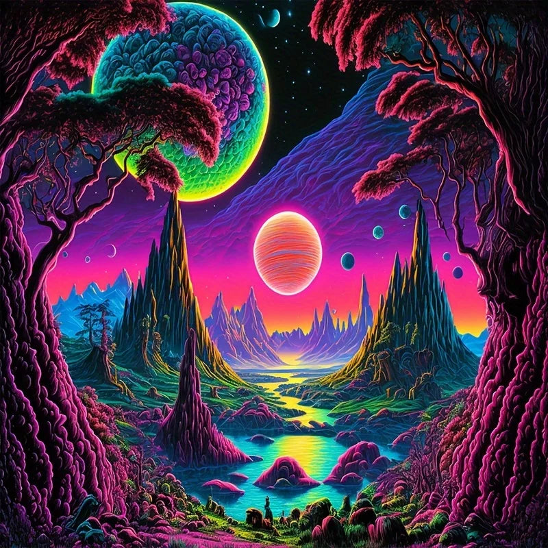 Cosmic Alien World Tapestry artwork close-up with colorful planets, purple trees, rocky peaks and a winding river.