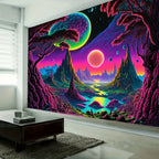 Cosmic Alien World Tapestry shown at an angle on a living room wall above a dark coffee table.