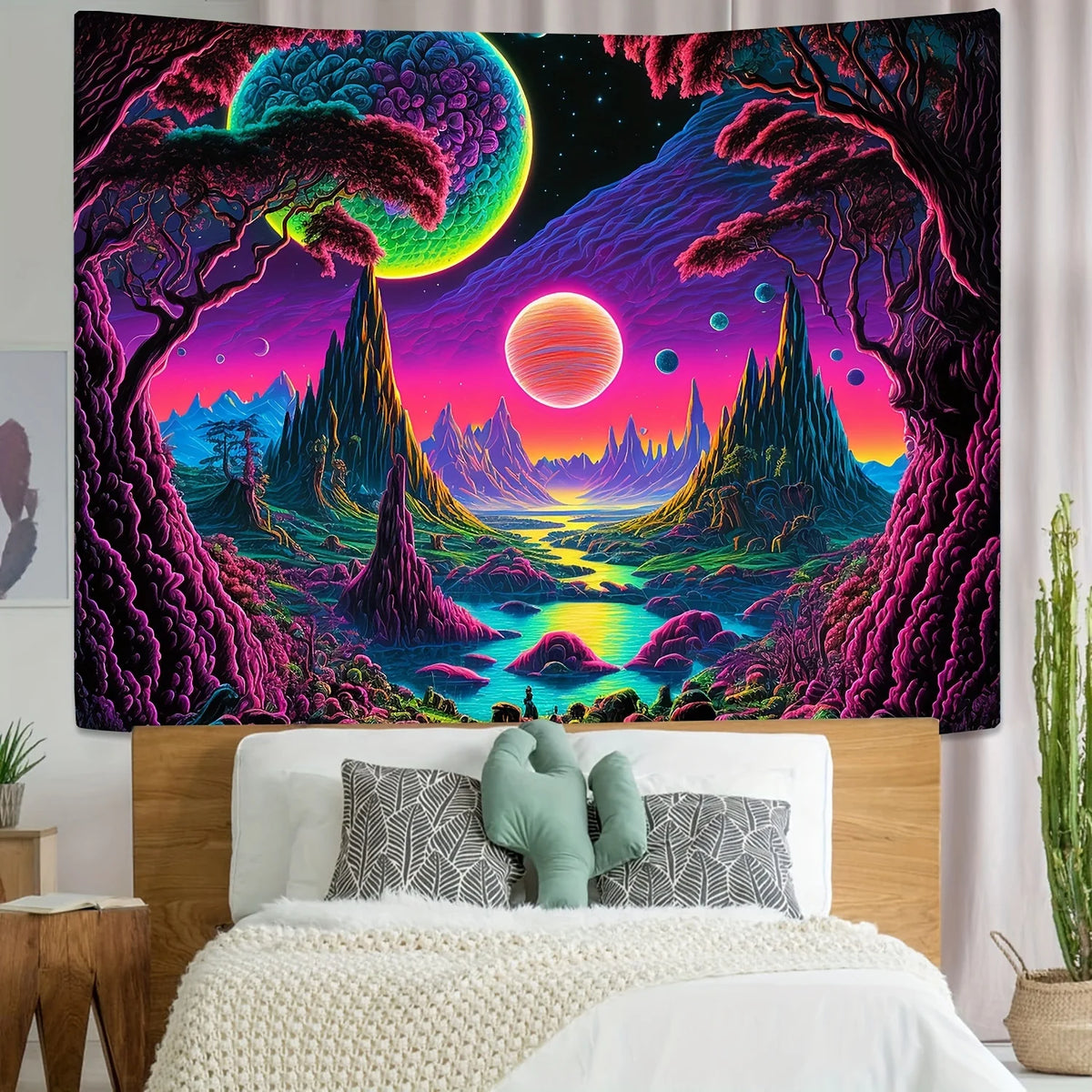 Cosmic Alien World Tapestry with a colorful alien landscape hanging above a wooden bed headboard.