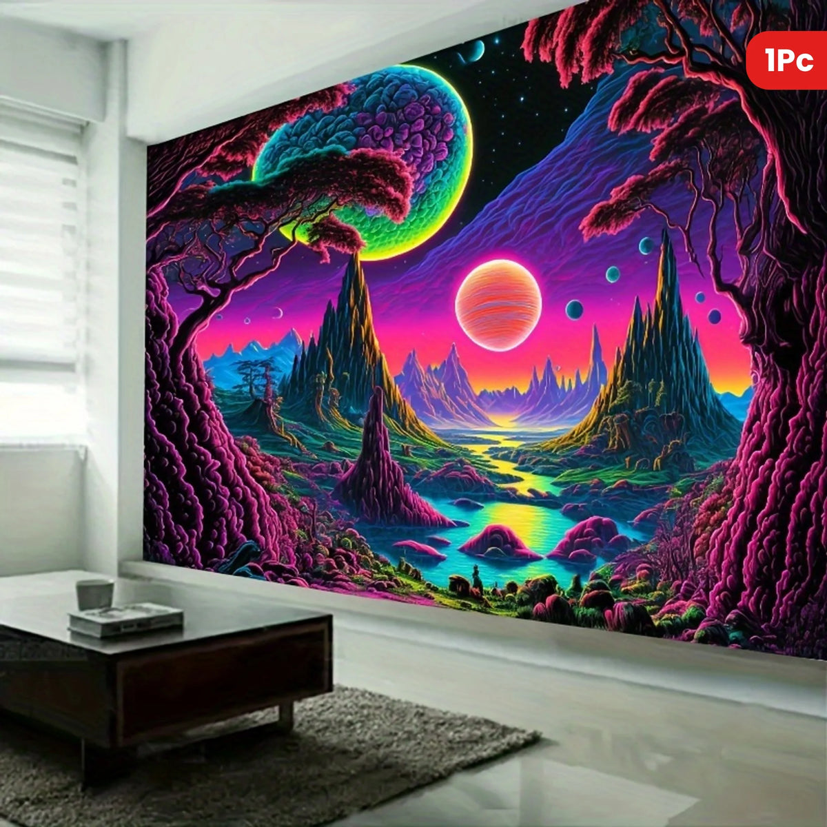 Cosmic Alien World Tapestry on a white living room wall beside a window, with a red one-piece label.