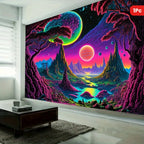 Cosmic Alien World Tapestry showing colorful planets and a winding river in a living room, labeled one piece.