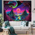 Cosmic Alien World Tapestry with vivid planets and purple trees displayed above a white living room sofa.