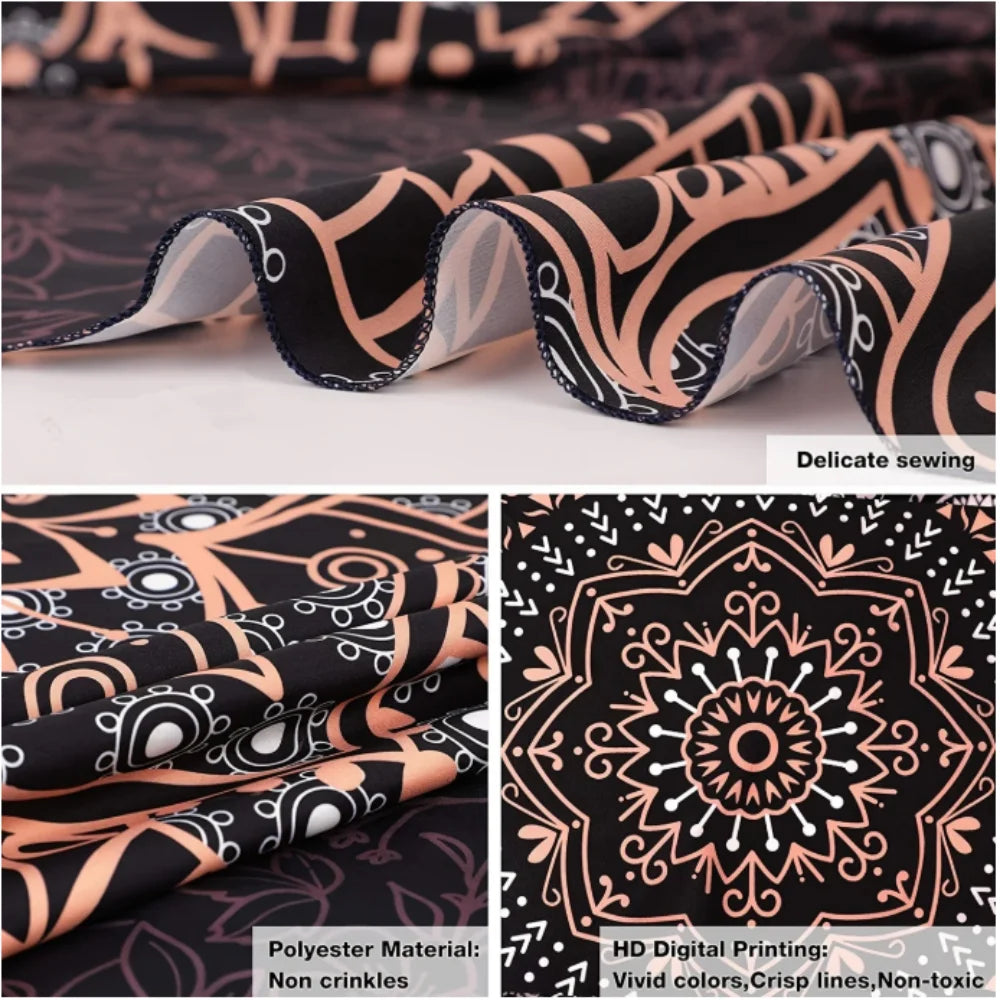 Cosmic Alien World Tapestry supplier detail example showing black and peach mandala fabric, stitched edges and print.