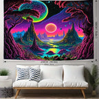 Cosmic Alien World Tapestry supplier size illustration labeled 230 by 180 cm above a white sofa.