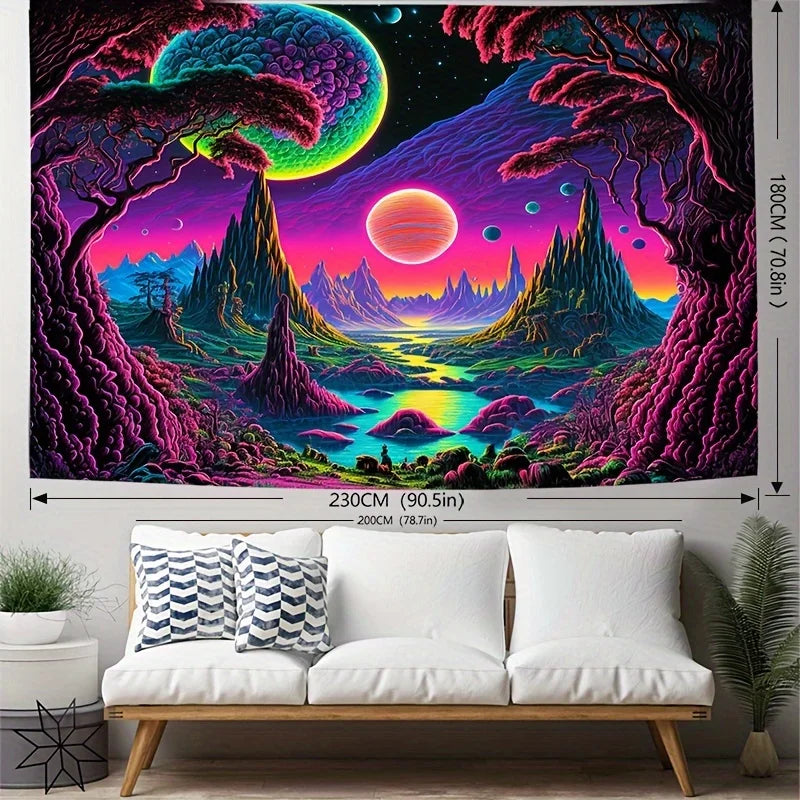 Cosmic Alien World Tapestry supplier size illustration labeled 230 by 180 cm above a white sofa.