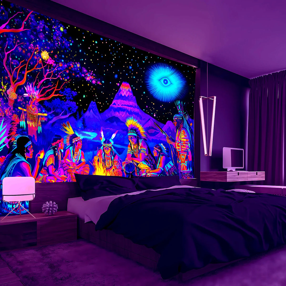 Cosmic Bonfire UV Tapestry displayed behind a bed in a purple-lit bedroom, with the mountain and bonfire print.