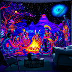 Cosmic Bonfire UV Tapestry covering a lounge wall behind a chair, sofa and low coffee table.