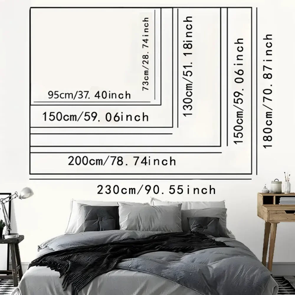Cosmic Bonfire UV Tapestry supplier size chart with four wall-hanging outlines above a bed.