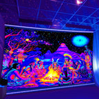 Cosmic Bonfire UV Tapestry with a vivid bonfire and mountain scene displayed under purple room lighting.