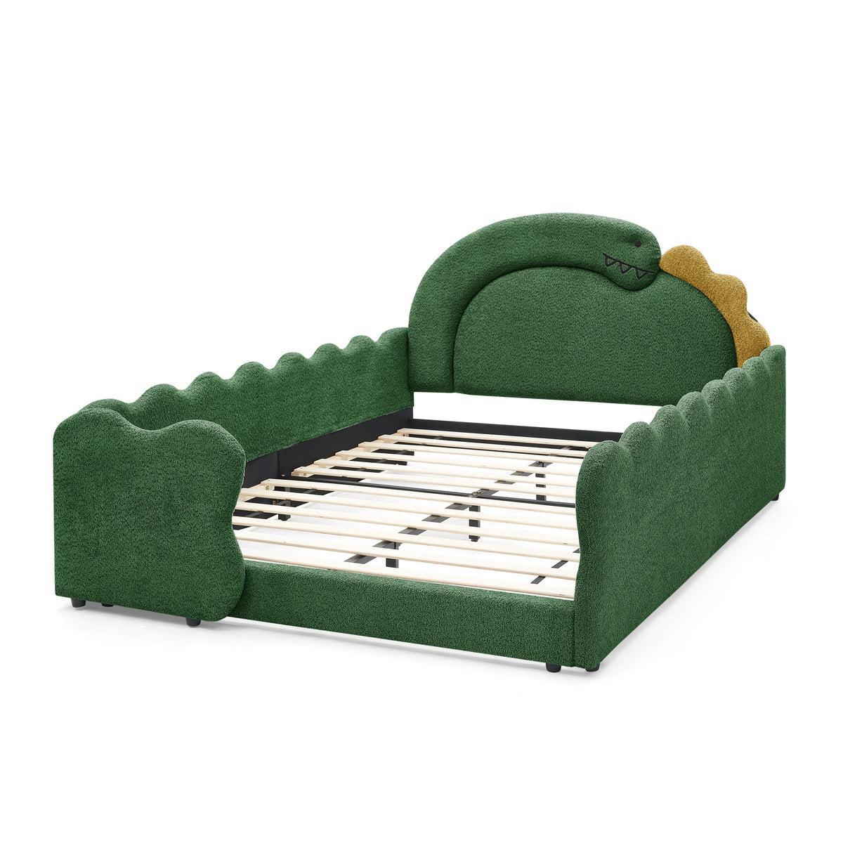 Three-quarter view of green dinosaur bed frame with padded rails and wood slats