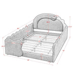 Cozy Dinosaur Dream Bed dimension diagram showing 80 by 58 by 37.5 inches and a 75 by 54-inch platform