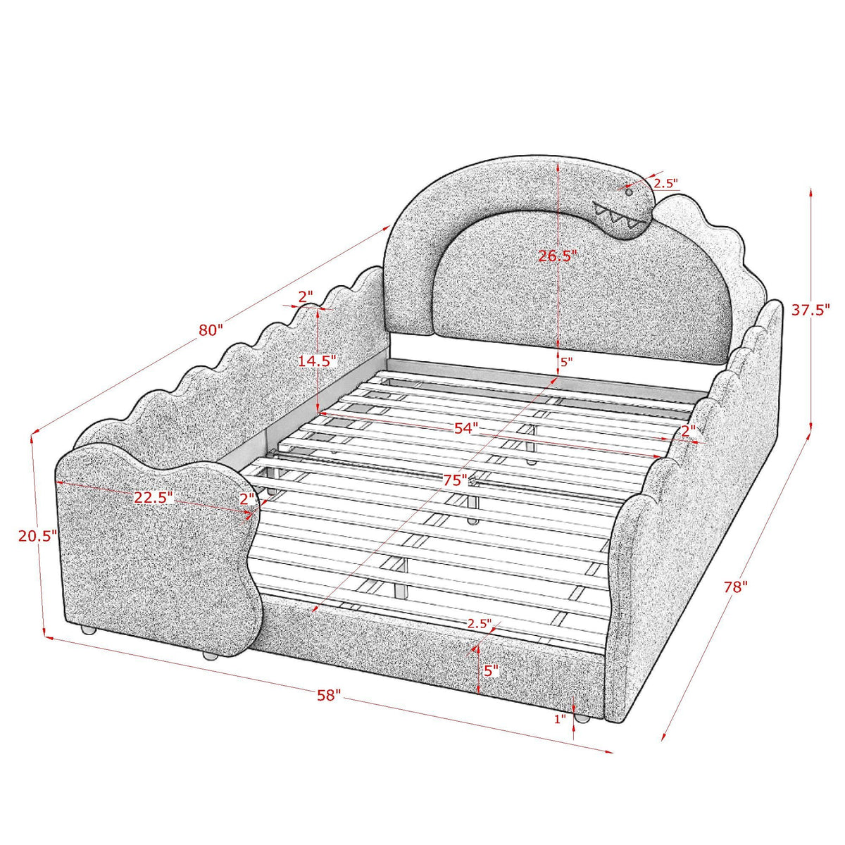 Cozy Dinosaur Dream Bed dimension diagram showing 80 by 58 by 37.5 inches and a 75 by 54-inch platform