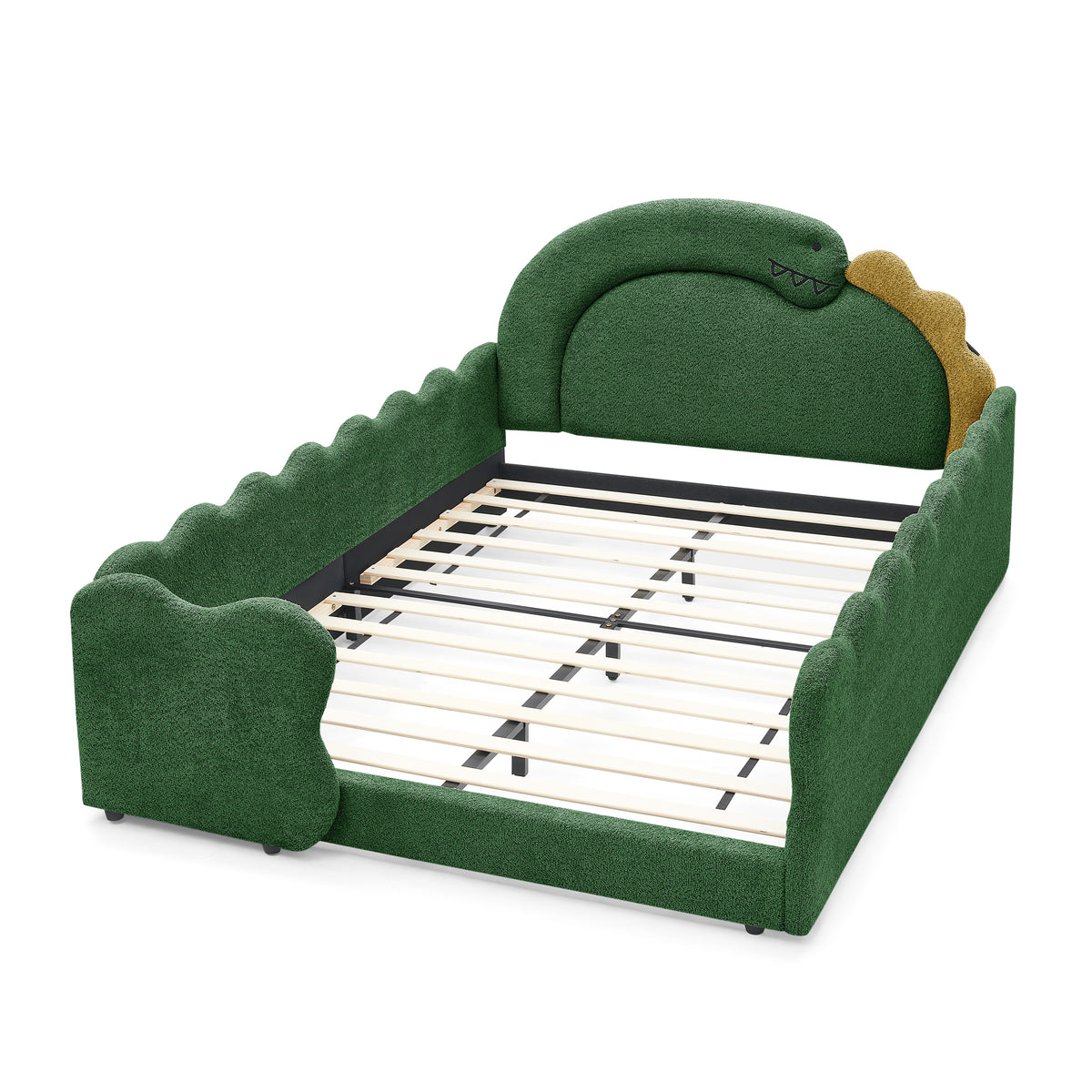 Elevated three-quarter view of full-size dinosaur bed frame and slat platform