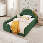 Elevated view of the Cozy Dinosaur Dream Bed with green bouclé rails and bedding