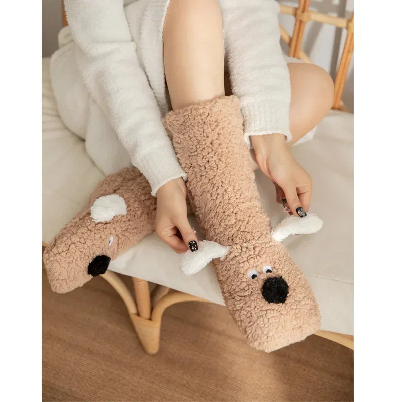 Cozy Dog Ear Socks in khaki, with a seated wearer holding the white decorative ears