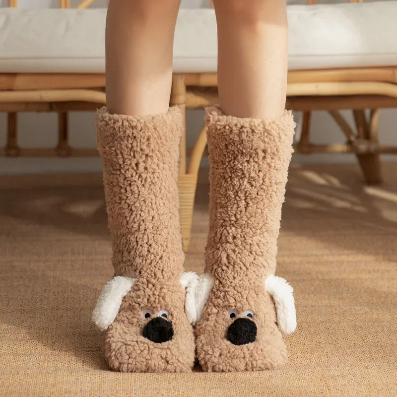 Cozy Dog Ear Socks in khaki, showing fluffy fabric, white floppy ears and black puppy noses