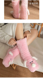 Cozy Dog Ear Socks in pink in a two-panel view showing the patterned soles and cuff stretch