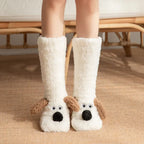 Cozy Dog Ear Socks in white, featuring brown floppy ears and black noses in a front view