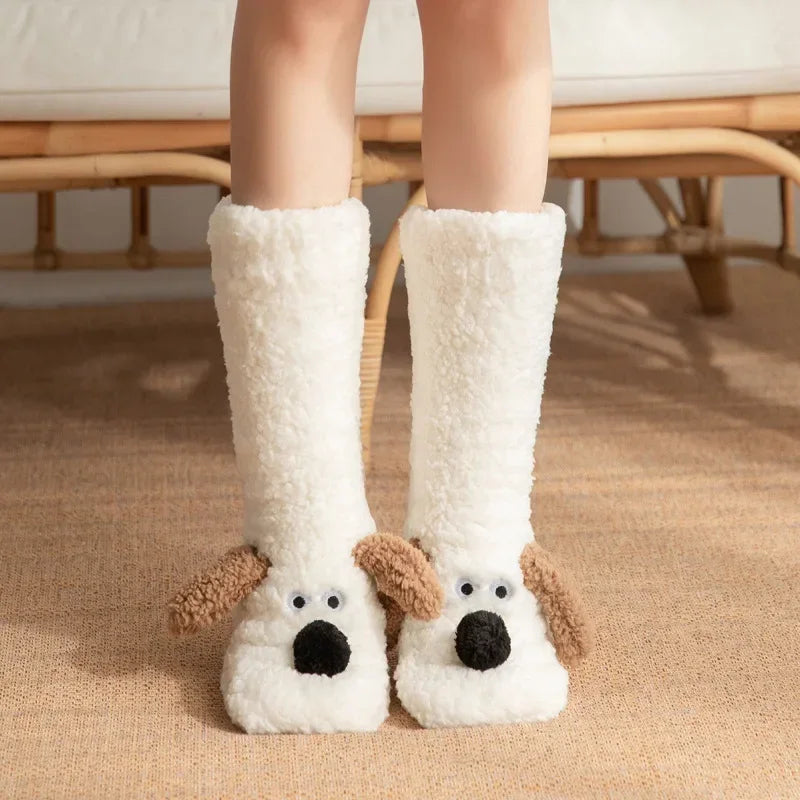 Cozy Dog Ear Socks in white, featuring brown floppy ears and black noses in a front view