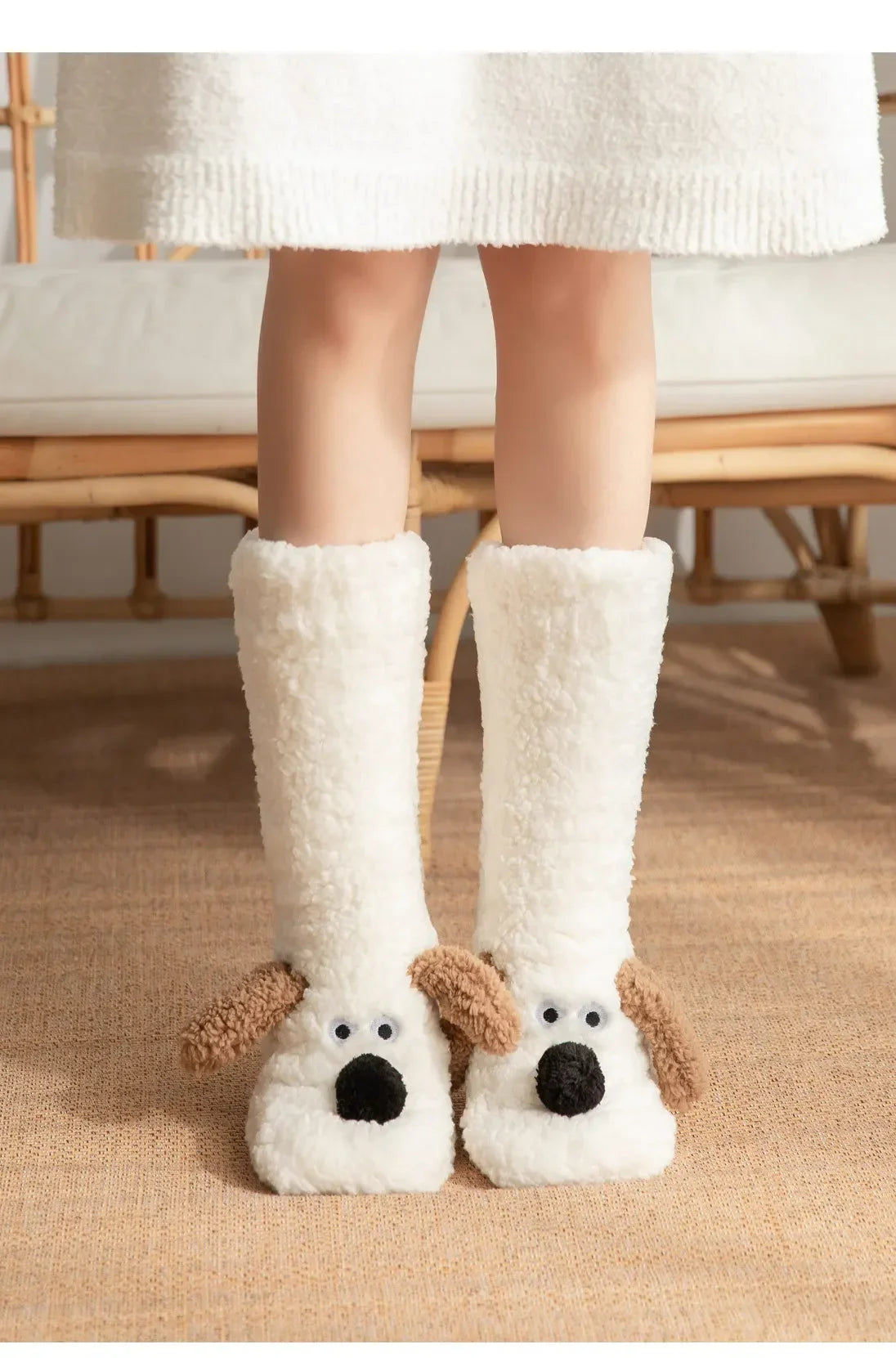 Cozy Dog Ear Socks in white shown up the lower calves, with brown ears and black puppy noses