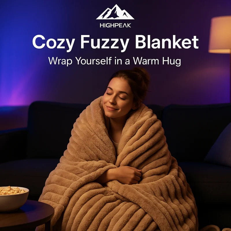 HighPeak Cozy Fuzzy Blanket in warm beige wrapped around a woman on a dark sofa in cozy ambient lighting