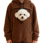 Cozy Pet Carrier Hoodie brown front view with a white dog peeking out of the round pouch opening