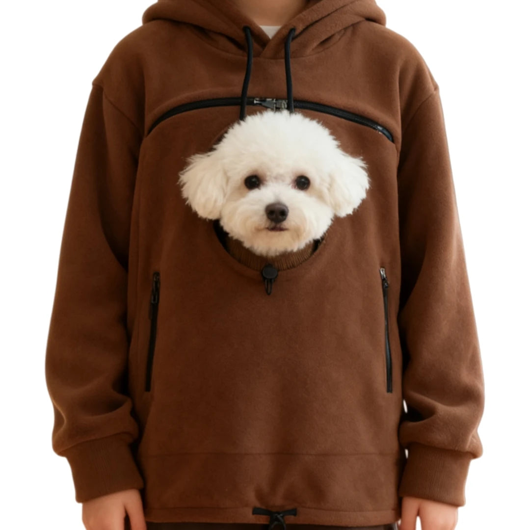 Cozy Pet Carrier Hoodie brown front view with a white dog peeking out of the round pouch opening