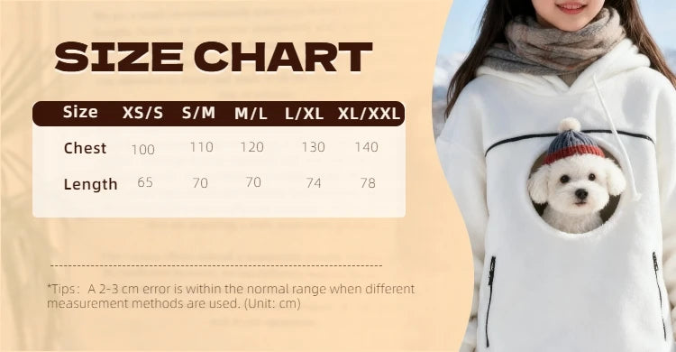 Cozy Pet Carrier Hoodie garment size chart listing chest and length measurements in centimeters