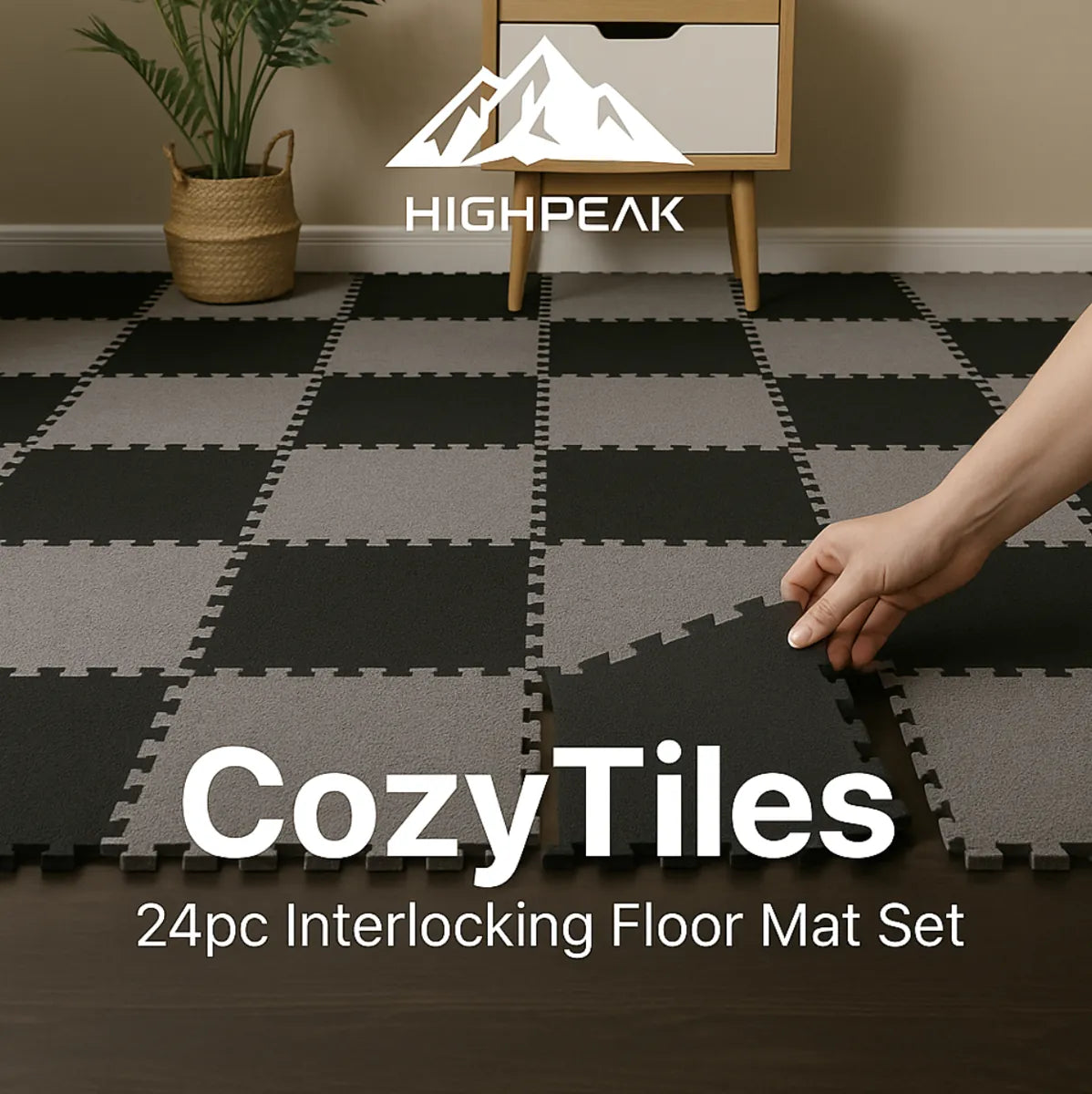 HighPeak CozyTiles™ 24pc Mat Set in black and grey, thick interlocking floor mats for soft, sound-absorbing surfaces