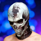 Cracked Skull Face Mask worn over the head and neck, with a cracked bone print against a blue background.