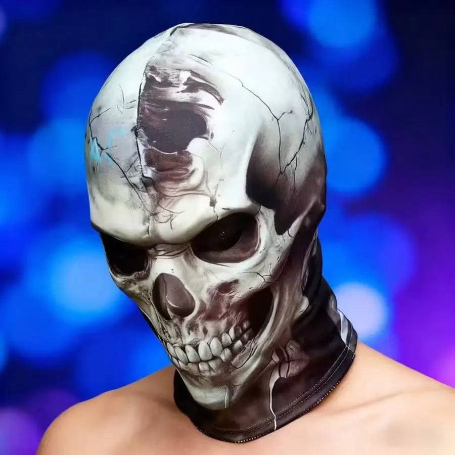 Cracked Skull Face Mask worn over the head and neck, with a cracked bone print against a blue background.