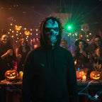 Cracked Skull Face Mask paired with a black hood at a Halloween costume party with green lighting and pumpkins.