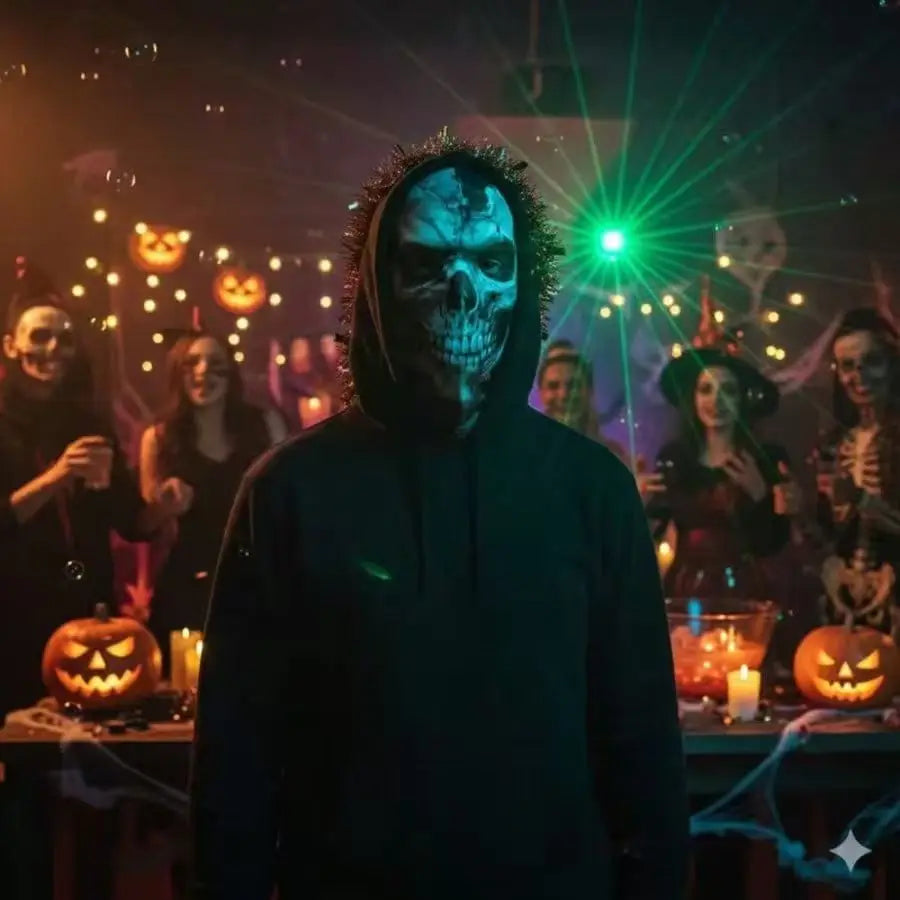 Cracked Skull Face Mask paired with a black hood at a Halloween costume party with green lighting and pumpkins.