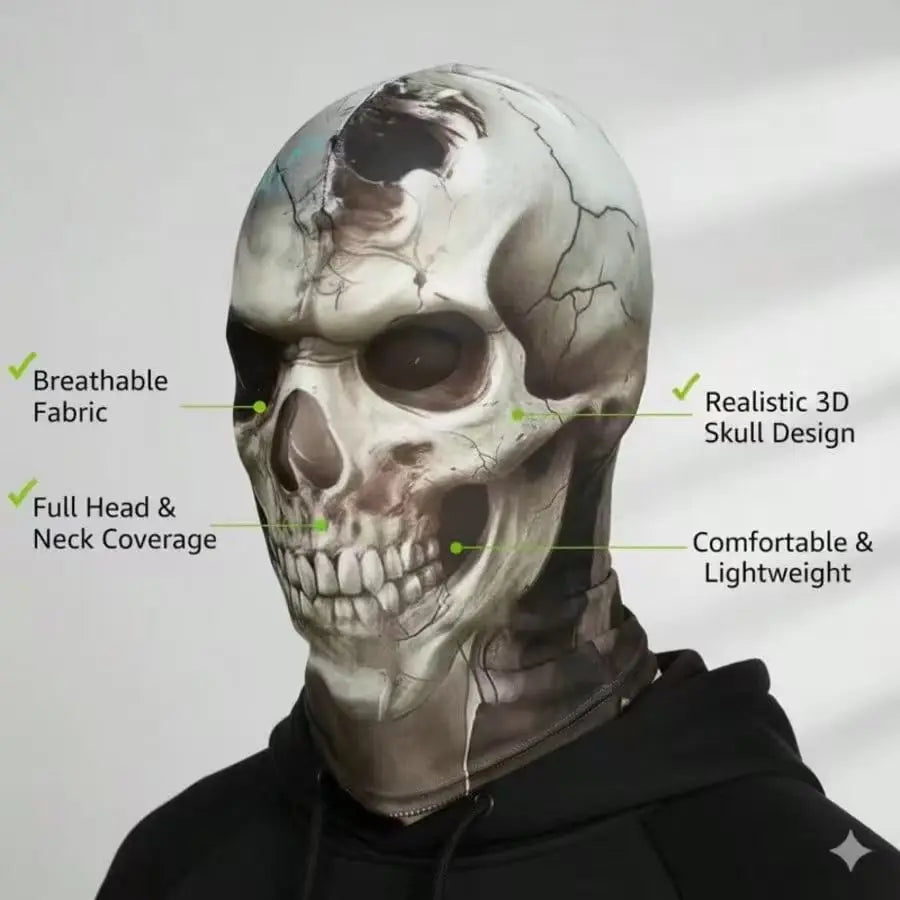 Cracked Skull Face Mask feature diagram showing the skull print, fabric design, and full head and neck coverage.