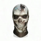 Cracked Skull Face Mask front view on a display head, showing the cracked skull artwork and extended neck panel.