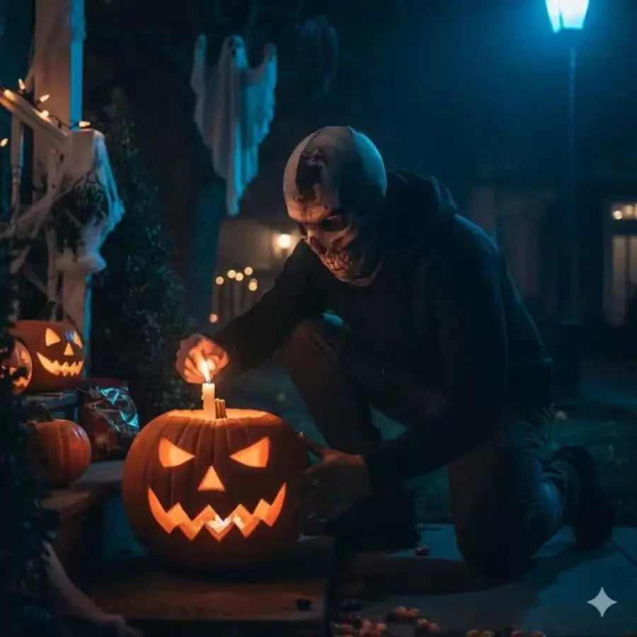 Cracked Skull Face Mask worn with a black hoodie while lighting a candle beside a Halloween jack-o'-lantern.
