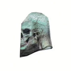 Cracked Skull Face Mask side profile showing the gray skull print, fabric hood shape, and stitched lower edge.